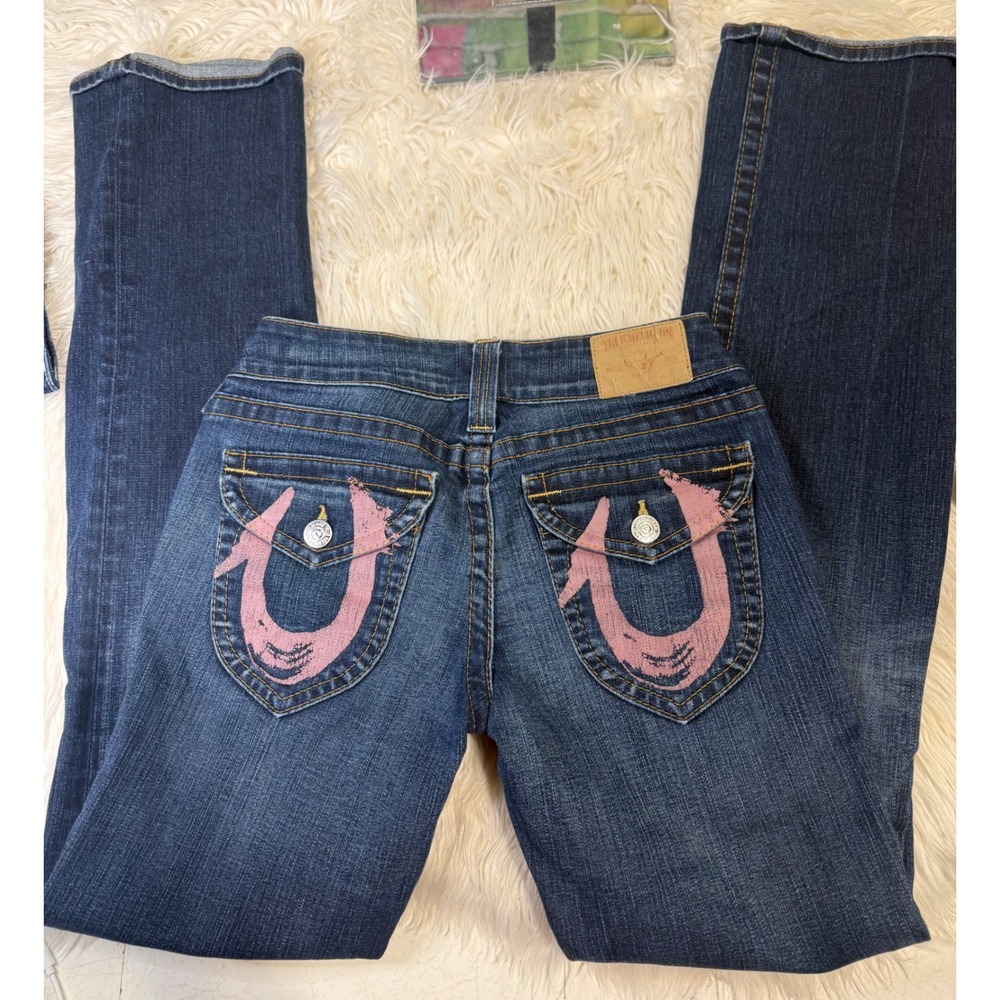 True Religion Womens Pink Painted Horseshoe Logo Straight Leg Jeans Dark Wash 28